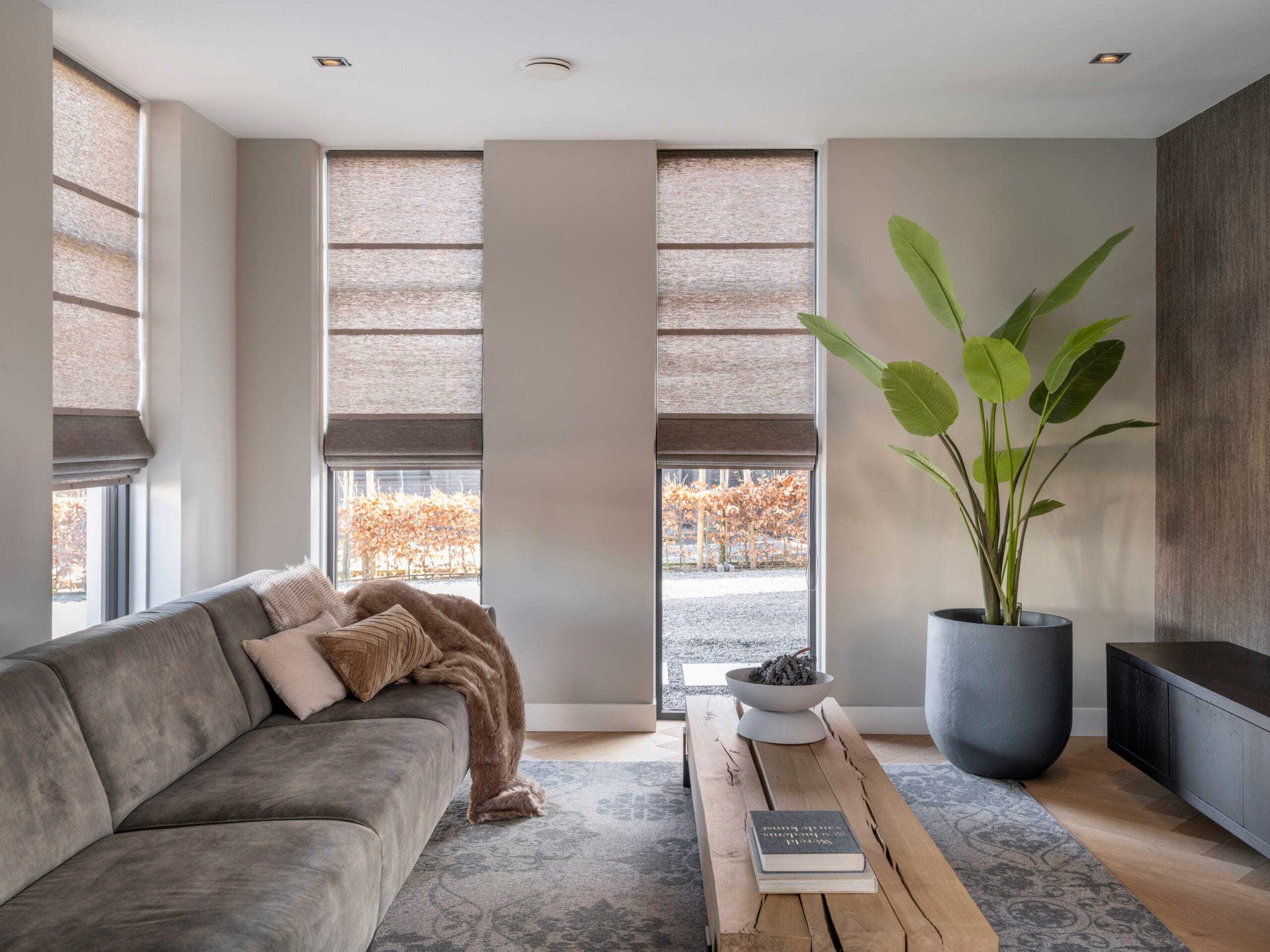 Vouwgordijnen in woonkamer voor sfeer en privacy in Amsterdam